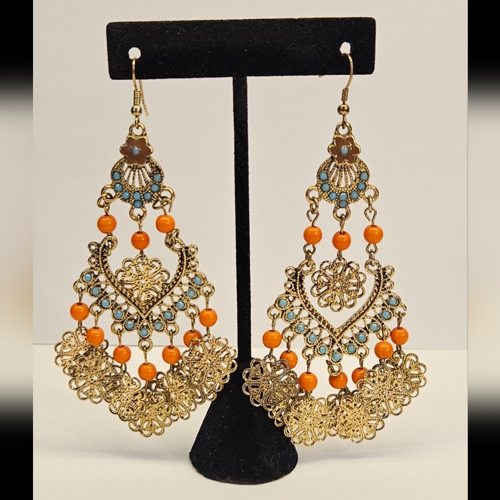 Ornate Goldtone, Green and Orange Filigree Earrings